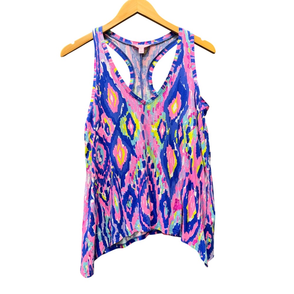 Lilly Pulitzer Tank Top Womens Small Kiawah Racerback Pink Blue Ikat Coastal‎